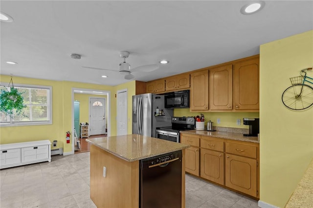 37 Ridge Rd, East Greenwich, RI 02818 - kitchen with black appliances, a center island, ceiling fan, recessed lighting, and baseboard heating