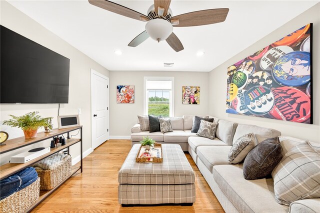 2 Sydney Rose Ct Unit B, Johnston, RI 02919 - living room featuring light wood-type flooring, ceiling fan, and recessed lighting