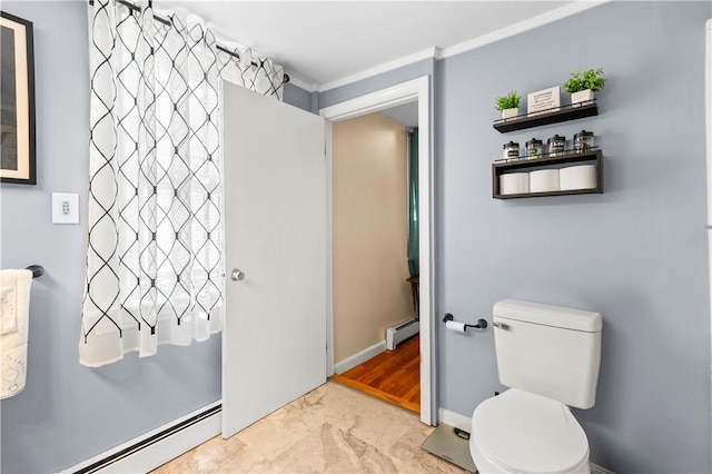 7 Snell Ct, West Warwick, RI 02893 - bathroom featuring baseboard heating, marble finish floors, and crown molding