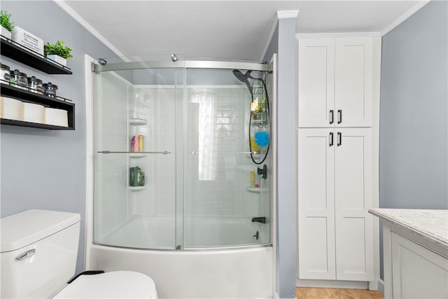 7 Snell Ct, West Warwick, RI 02893 - bathroom featuring shower / bath combination with glass door, vanity, and crown molding