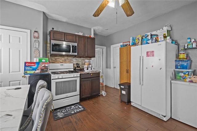 19 Covell St, Providence, RI 02909 - kitchen with white appliances, tasteful backsplash, dark wood finished floors, ceiling fan, and light stone countertops