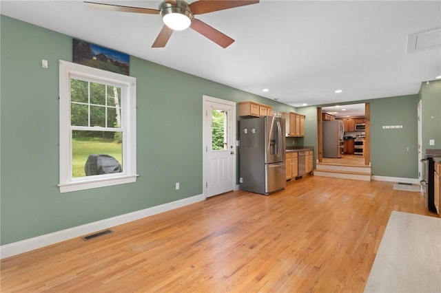219 Fenner Hill Rd, Hopkinton, RI 02832 - kitchen with appliances with stainless steel finishes, plenty of natural light, a ceiling fan, light wood finished floors, and recessed lighting