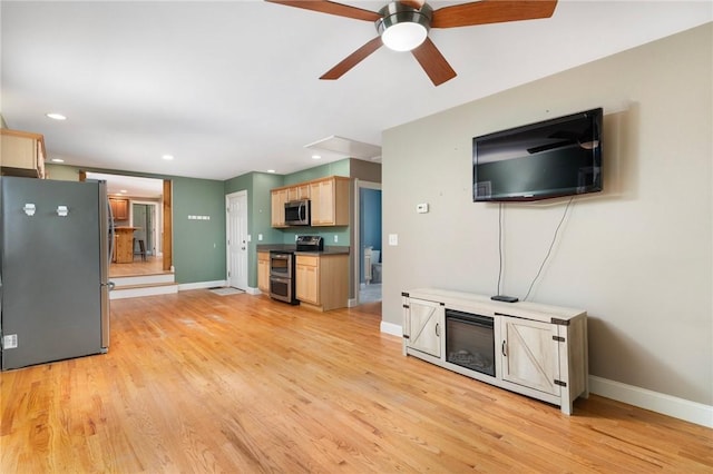 219 Fenner Hill Rd, Hopkinton, RI 02832 - unfurnished living room with light wood finished floors, a ceiling fan, and recessed lighting