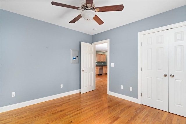 219 Fenner Hill Rd, Hopkinton, RI 02832 - unfurnished bedroom with light wood-type flooring, a closet, and ceiling fan