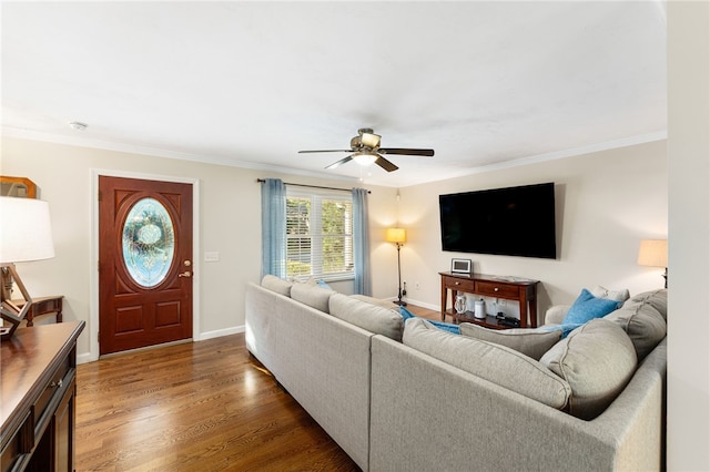 18 Country Hill Ln, Smithfield, RI 02917 - living room with ceiling fan, ornamental molding, and wood finished floors
