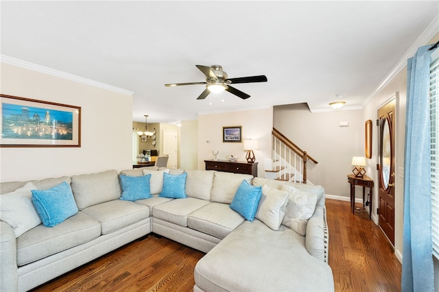 18 Country Hill Ln, Smithfield, RI 02917 - living area featuring stairway, ornamental molding, dark wood-style floors, ceiling fan, and a chandelier