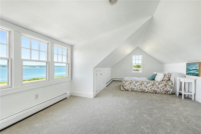 17 Ferolbink Way, Little Compton, RI 02837 - carpeted bedroom featuring a baseboard radiator, vaulted ceiling, and a water view
