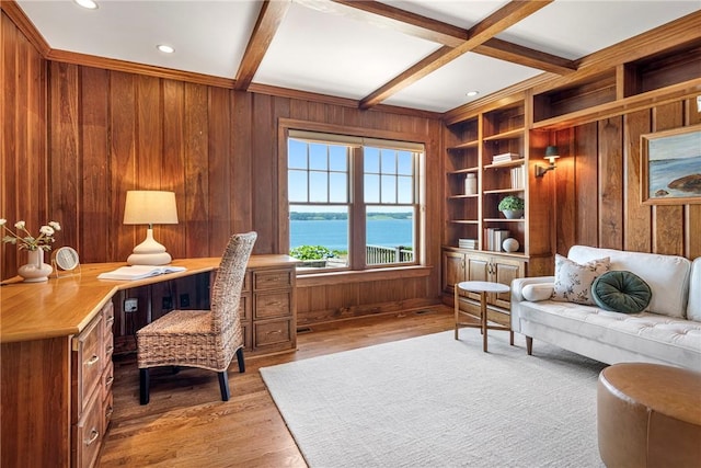 17 Ferolbink Way, Little Compton, RI 02837 - office space featuring wooden walls, beam ceiling, coffered ceiling, light wood finished floors, and built in study area