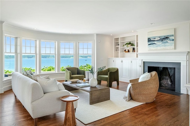 17 Ferolbink Way, Little Compton, RI 02837 - living area with crown molding, wood finished floors, a fireplace with flush hearth, a water view, and recessed lighting