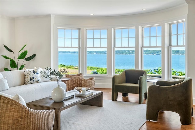 17 Ferolbink Way, Little Compton, RI 02837 - living room featuring wood finished floors, a water view, and crown molding