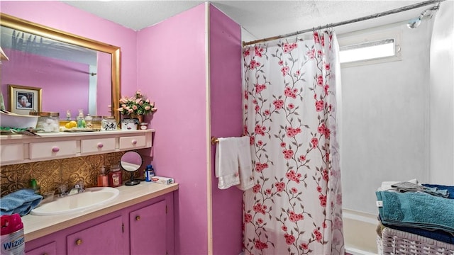 245 Manton St, Pawtucket, RI 02861 - bathroom with vanity, tasteful backsplash, and shower / bath combo with shower curtain