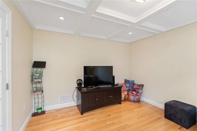 10 Sables Way, Lincoln, RI 02865 - living room featuring light wood-style flooring, coffered ceiling, recessed lighting, beamed ceiling, and crown molding