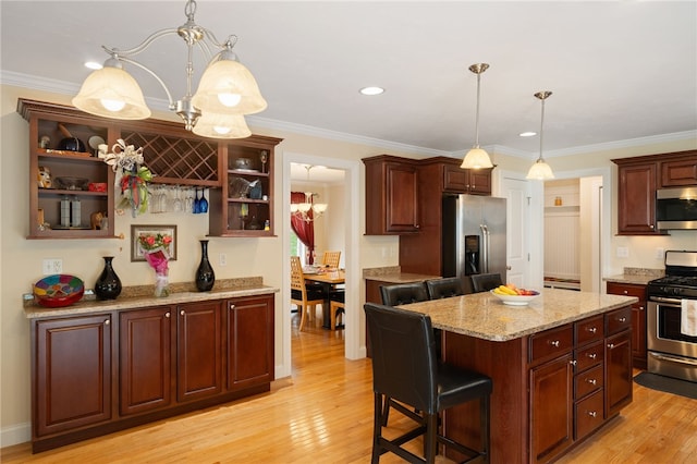 10 Sables Way, Lincoln, RI 02865 - kitchen featuring stainless steel appliances, light wood finished floors, open shelves, decorative light fixtures, and ornamental molding