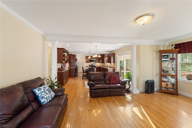 10 Sables Way, Lincoln, RI 02865 - living room with ornate columns, light wood-style flooring, and crown molding