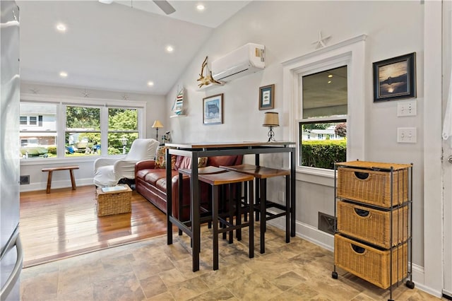 55 Wayland Trl, Narragansett, RI 02882 - bar area featuring a wall unit AC, lofted ceiling, recessed lighting, and a ceiling fan
