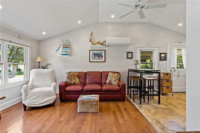 55 Wayland Trl, Narragansett, RI 02882 - living area featuring a wall mounted AC, lofted ceiling, a ceiling fan, recessed lighting, and wood finished floors