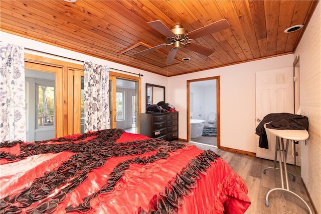 584 Division Rd, East Greenwich, RI 02818 - bedroom featuring multiple windows, wood finished floors, wood ceiling, ensuite bathroom, and a ceiling fan