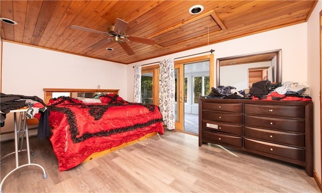 584 Division Rd, East Greenwich, RI 02818 - bedroom with wood ceiling, access to exterior, wood finished floors, attic access, and ceiling fan