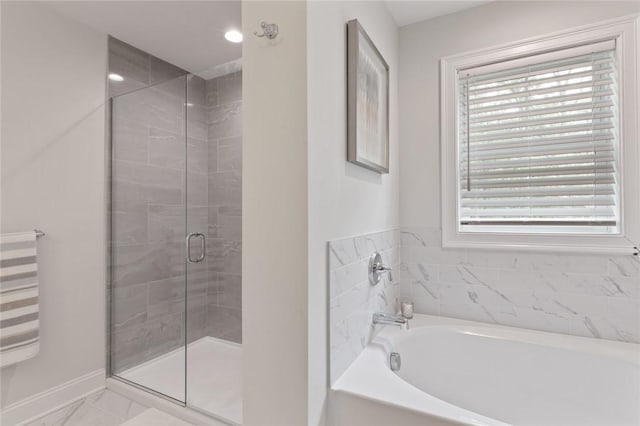 25 Kristin Dr, Cranston, RI 02921 - full bathroom featuring a bath, a shower stall, plenty of natural light, and marble finish floors