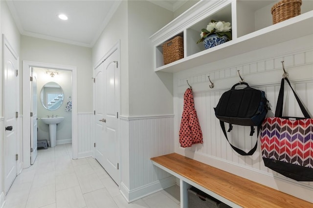 25 Kristin Dr, Cranston, RI 02921 - mudroom featuring wainscoting, crown molding, recessed lighting, and light tile patterned floors