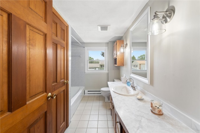19 Cantara St, West Warwick, RI 02893 - full bath with a baseboard radiator, vanity, tile patterned floors, and tub / shower combination