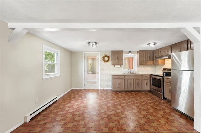 19 Cantara St, West Warwick, RI 02893 - kitchen with stainless steel appliances, a baseboard heating unit, under cabinet range hood, backsplash, and brick patterned flooring