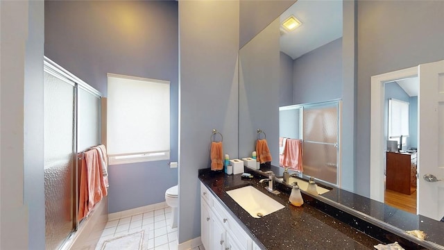 4090 Post Rd Unit B, Warwick, RI 02886 - full bathroom featuring a stall shower, vanity, a towering ceiling, and tile patterned floors