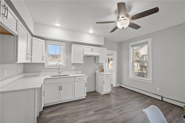 40 Jenkins St, Providence, RI 02906 - kitchen featuring baseboard heating, a ceiling fan, white cabinetry, dark wood finished floors, and plenty of natural light
