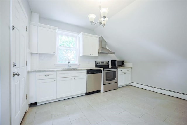 193 Howell St Unit 3, Providence, RI 02906 - kitchen with appliances with stainless steel finishes, lofted ceiling, wall chimney exhaust hood, white cabinets, and a chandelier