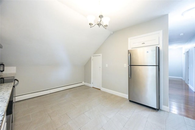 193 Howell St Unit 3, Providence, RI 02906 - unfurnished dining area with a baseboard heating unit, a chandelier, and vaulted ceiling