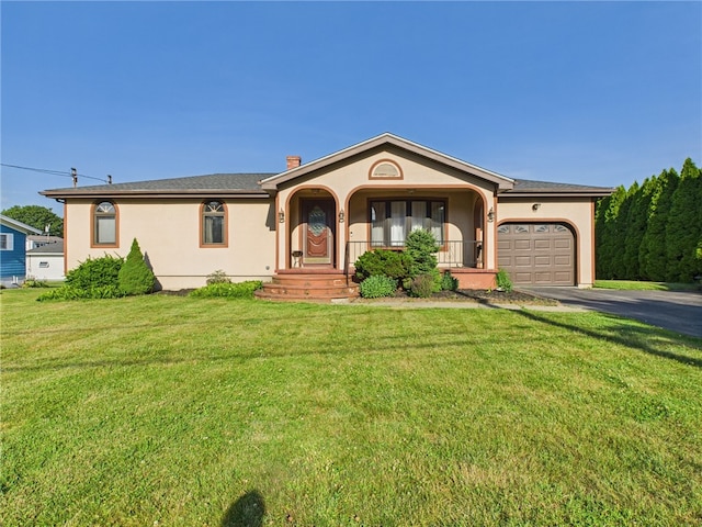128 Arbor Ter, Tiverton, RI 02878 - ranch-style house featuring a garage, driveway, stucco siding, and a front lawn