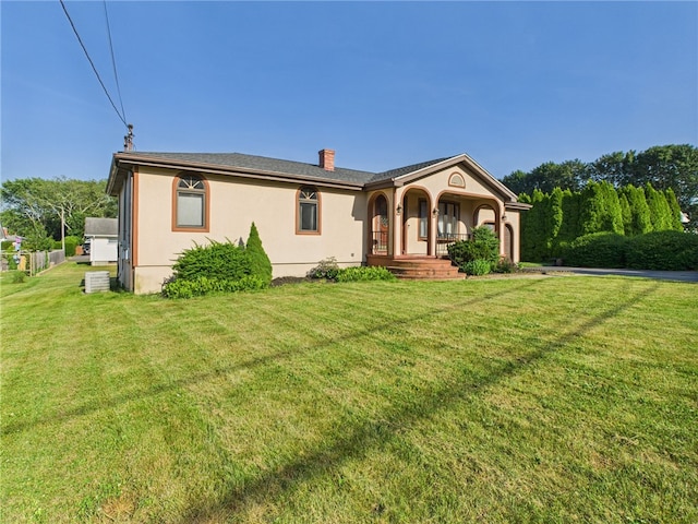 128 Arbor Ter, Tiverton, RI 02878 - ranch-style house featuring stucco siding, a porch, a front yard, and a chimney