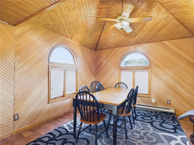128 Arbor Ter, Tiverton, RI 02878 - dining room featuring a baseboard radiator, wooden ceiling, wooden walls, and ceiling fan