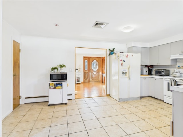 128 Arbor Ter, Tiverton, RI 02878 - kitchen featuring white appliances, under cabinet range hood, a baseboard radiator, light countertops, and backsplash