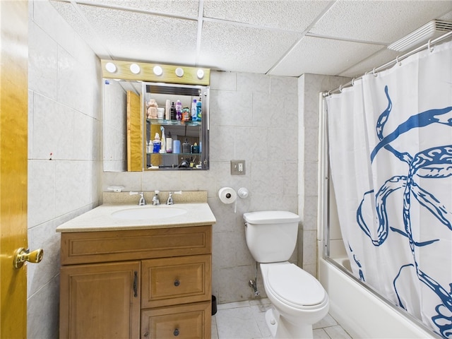 128 Arbor Ter, Tiverton, RI 02878 - bathroom featuring tile walls, vanity, shower / tub combo with curtain, and tile patterned floors