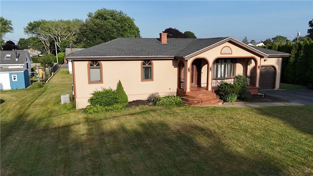 128 Arbor Ter, Tiverton, RI 02878 - single story home featuring stucco siding, covered porch, a chimney, a front lawn, and a garage