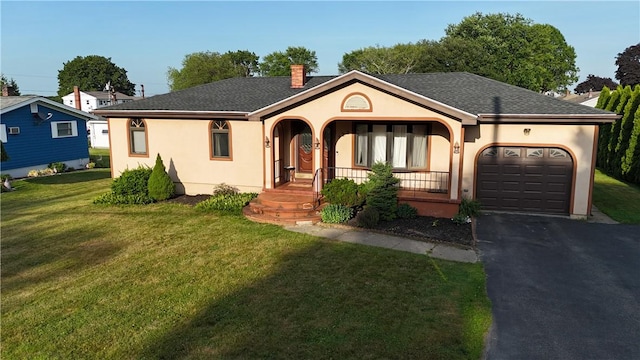 128 Arbor Ter, Tiverton, RI 02878 - single story home featuring an attached garage, covered porch, driveway, a front yard, and stucco siding