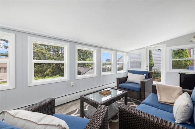 57 Hillside Rd, Lincoln, RI 02865 - sunroom featuring an outdoor living space, a baseboard radiator, plenty of natural light, lofted ceiling, and wood finished floors