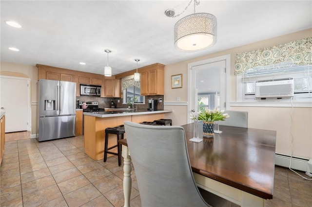 57 Hillside Rd, Lincoln, RI 02865 - dining area featuring a baseboard radiator, light tile patterned floors, recessed lighting, and cooling unit