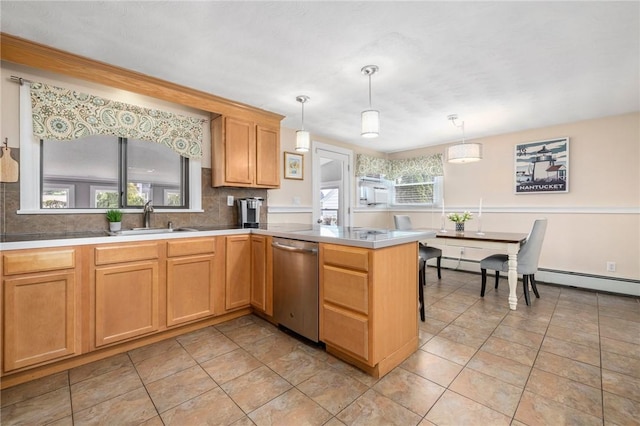 57 Hillside Rd, Lincoln, RI 02865 - kitchen with dishwasher, decorative backsplash, a peninsula, a baseboard heating unit, and light countertops