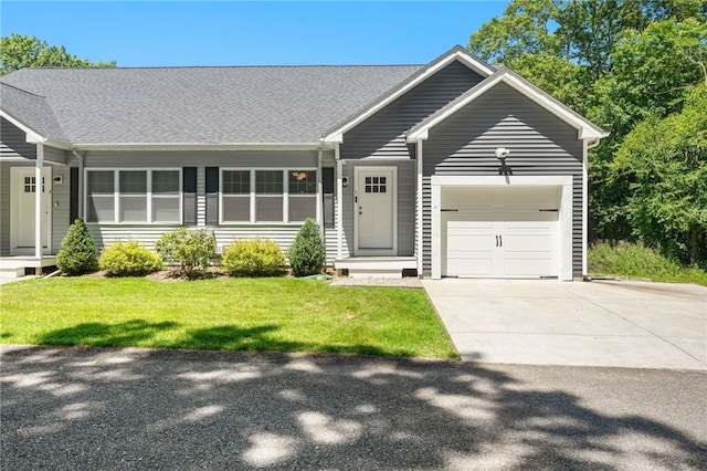 1 Lily Ln Unit 1, West Warwick, RI 02893 - ranch-style home with an attached garage, driveway, a front lawn, and a shingled roof