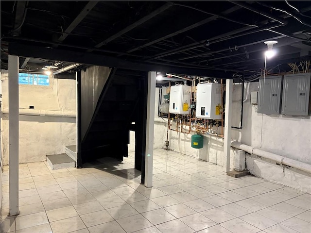 784 York Ave, Pawtucket, RI 02861 - basement with tankless water heater, electric panel, and stairway