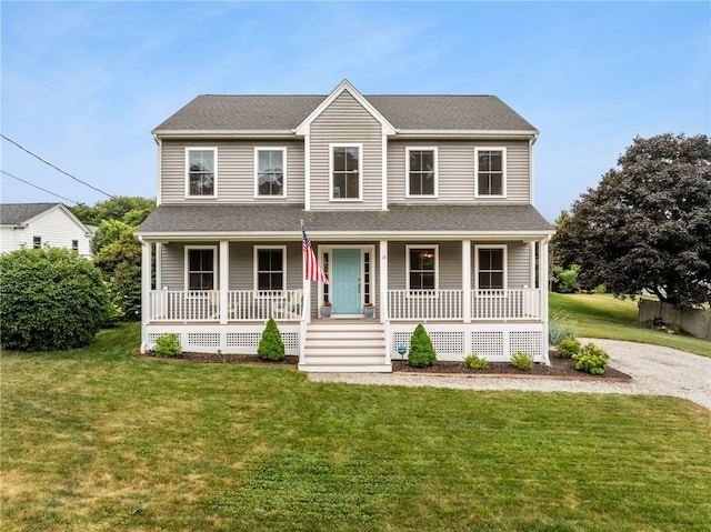15 Mathew Rd, Tiverton, RI 02878 - view of front of house featuring covered porch, a front lawn, and roof with shingles