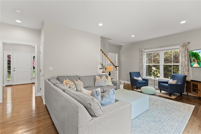 15 Mathew Rd, Tiverton, RI 02878 - living area featuring stairway, hardwood / wood-style flooring, and recessed lighting