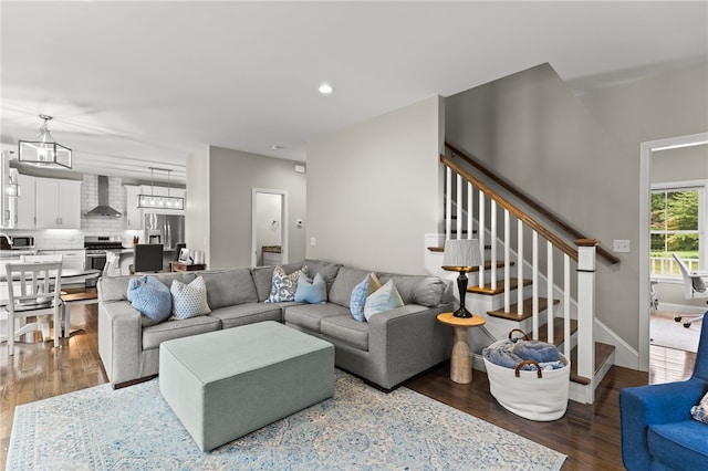 15 Mathew Rd, Tiverton, RI 02878 - living room with wood finished floors, stairway, a chandelier, and recessed lighting