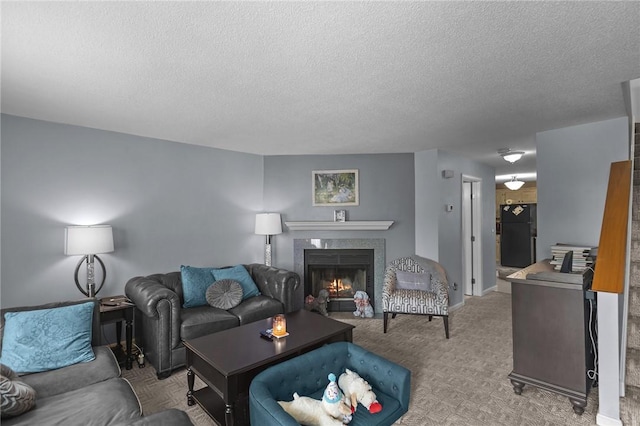 47 Morgan Ave Unit 61, Johnston, RI 02919 - living area with a textured ceiling, a tiled fireplace, and light carpet