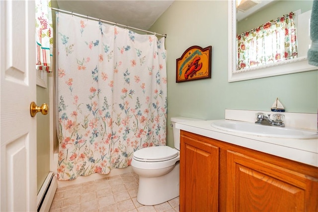 65 Jeri Lynn Cir, Warwick, RI 02886 - full bathroom with a baseboard heating unit, vanity, tile patterned flooring, and shower / bath combo