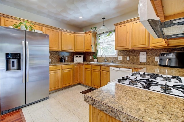 73 Fessenden St, Warwick, RI 02886 - kitchen featuring stainless steel fridge, white dishwasher, tasteful backsplash, light tile patterned flooring, and decorative light fixtures