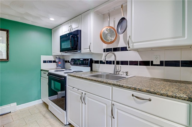 73 Fessenden St, Warwick, RI 02886 - kitchen featuring white electric stove, black microwave, a baseboard heating unit, white cabinets, and backsplash