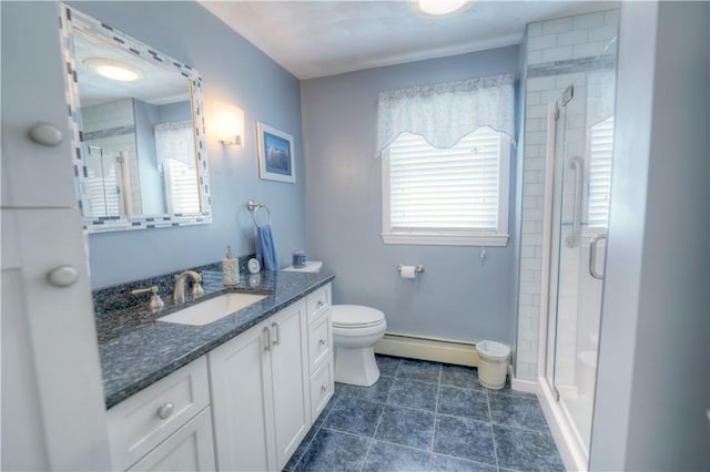 14 Willow Dr, Cranston, RI 02920 - full bath featuring a baseboard heating unit, vanity, a shower stall, and tile patterned flooring